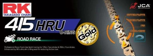 RK 415HRU UW-ring motorcycle chain by RK Japan, gold color, road race