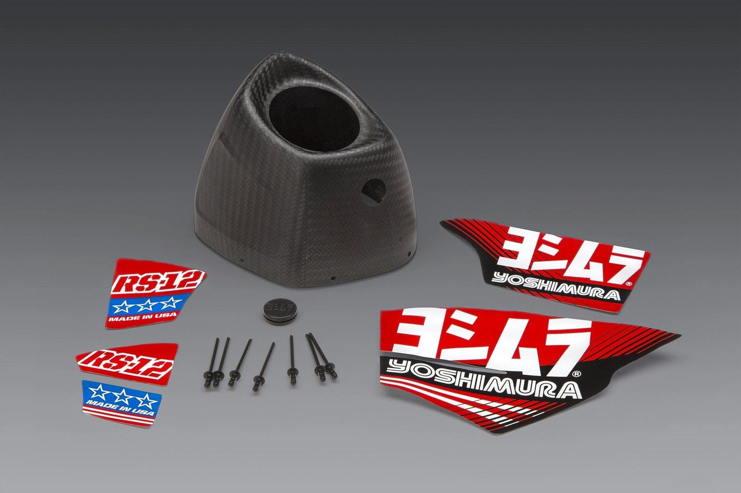 Yoshimura RS-12 replacement end cap kit in carbon fiber, includes end cap, 6 screws and red Yoshimura decals.