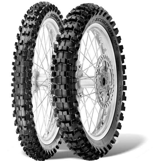 Fabrikantillustratie bandenserie; één band volgens vermelde maat: Pirelli Scorpion MX32 Mid Soft 100/90-19 NHS 57M Re