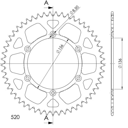 Technische illustratie: Supersprox Alu Rear sprocket Husqv. Red 52 – RAL-1512:52-RED; uitvoering volgens artikelgegevens