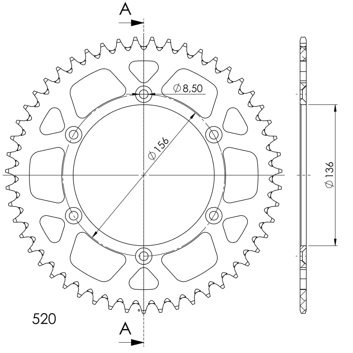 Technische illustratie: Supersprox Alu Rear sprocket Husqv. Red 51 – RAL-1512:51-RED; uitvoering volgens artikelgegevens