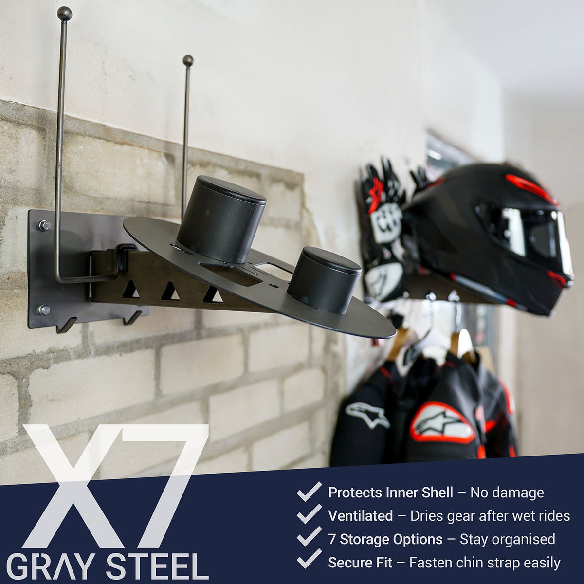 Gray steel X7 helmet & gear wall mount