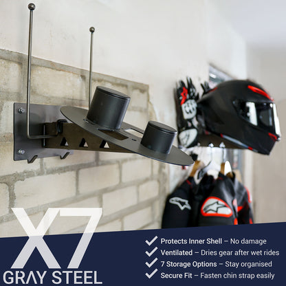 Gray steel X7 helmet & gear wall mount