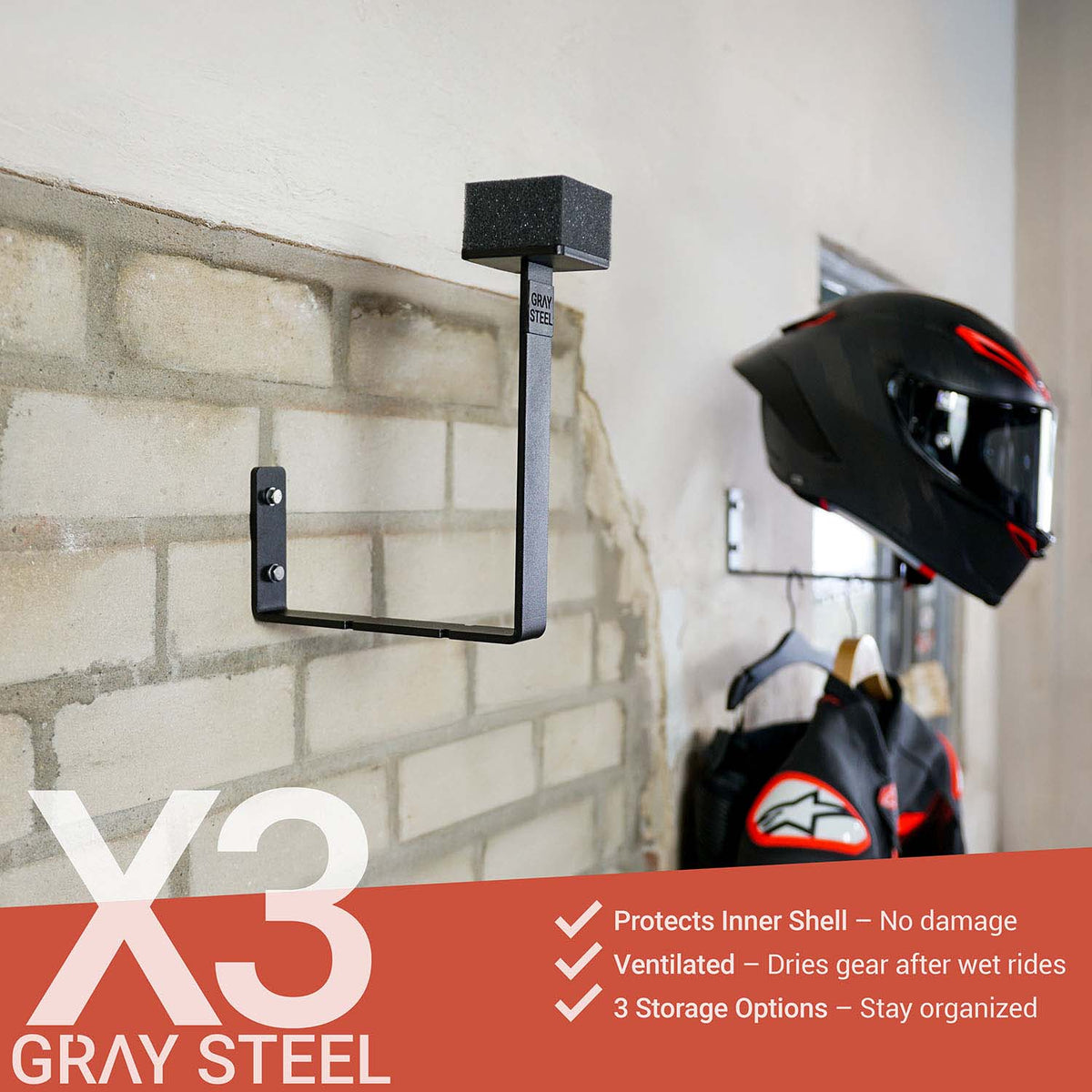 Gray steel X3 helmet & gear wall mount
