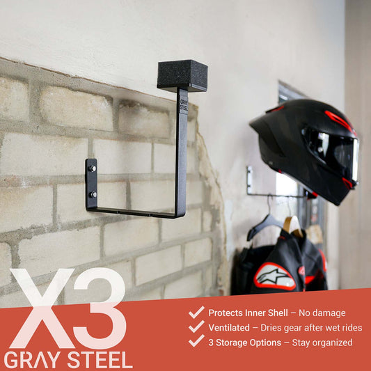 Gray steel X3 helmet & gear wall mount
