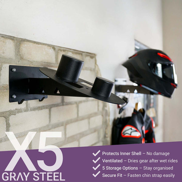 Gray steel X5 helmet & gear wall mount