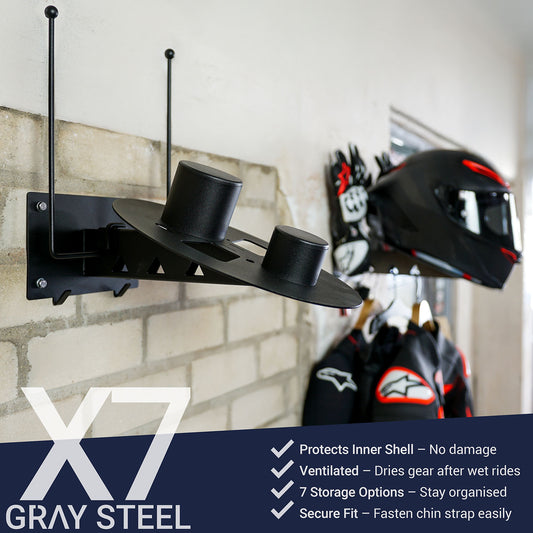 Gray steel X7 helmet & gear wall mount