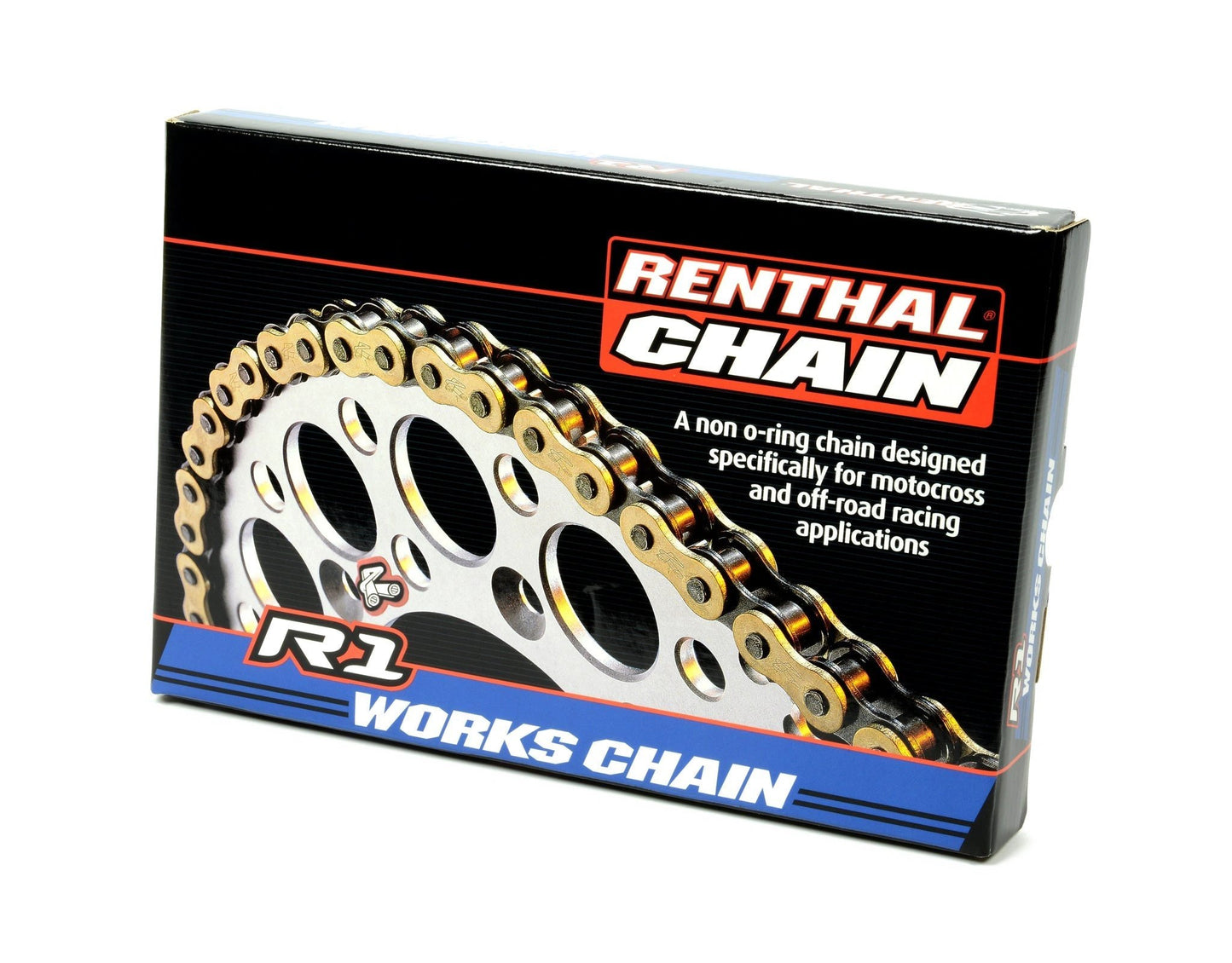 Renthal R1 motorcycle chain, gold-colored links, on a black packaging box with a blue banner.
